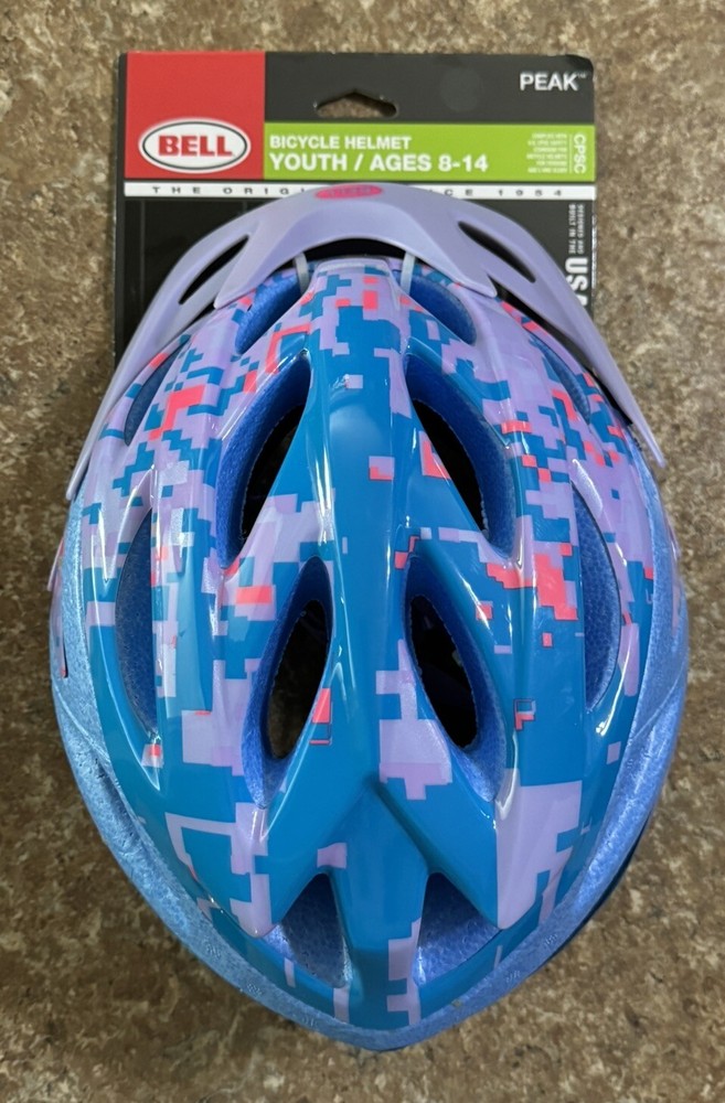 NEW Bell Peak Adjustable Youth Bicycle Helmet Vizor Ages 8-14 Purple/Blue Pixels