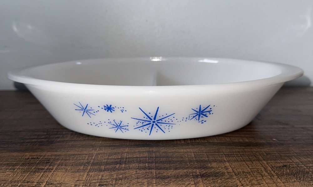 Vtg MCM Atomic Starburst Divided Casserole Dish Retro 1960s Milk Glass