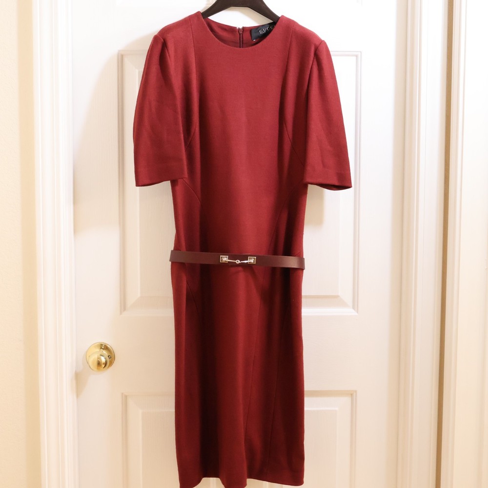 READ Gucci burgundy wool short sleeve belted dress jewel horsebit 364368 4 / S