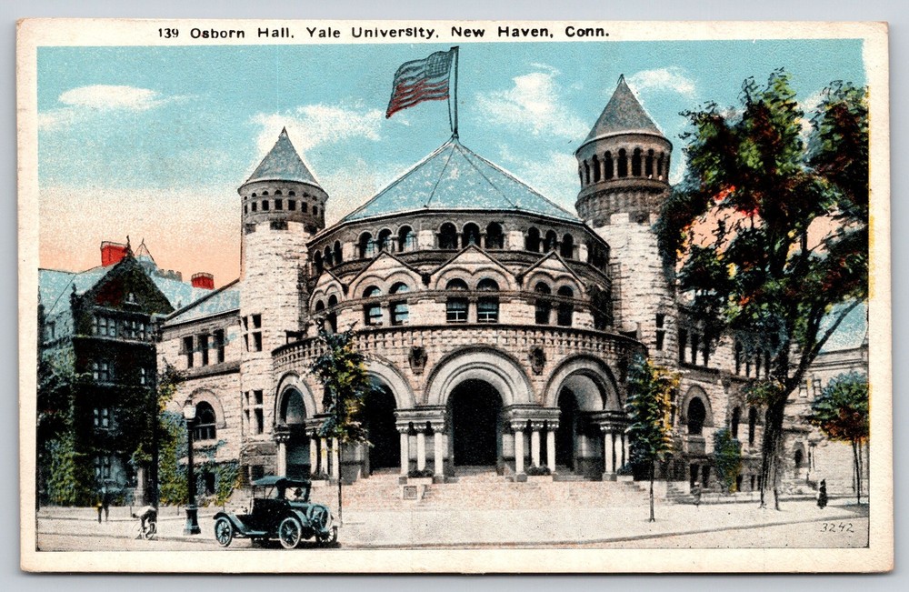 New Haven Connecticut~Yale University~Osborn Hall~Flag~Romanesque~1920 Postcard