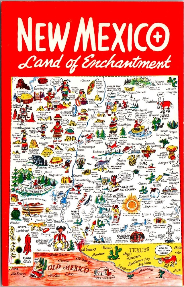 Dr Jim Stamps Postcard New Mexico Land Of Enchantment Illustrated Map
