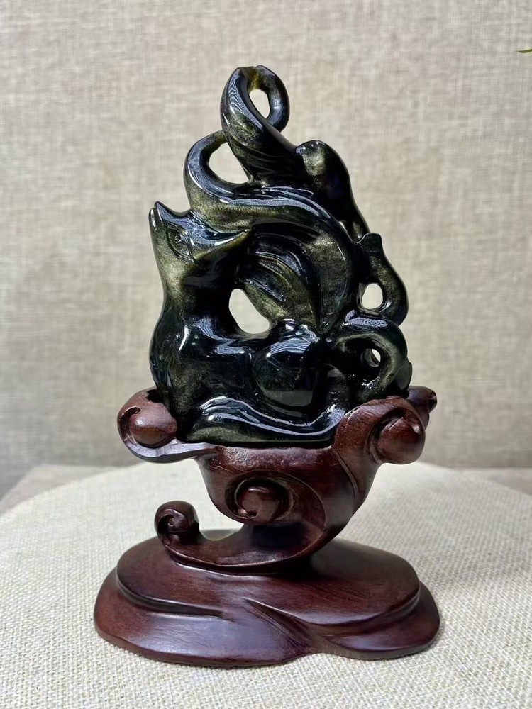 Natural gold obsidian nine-tailed fox ornament on wooden base for healing and decor