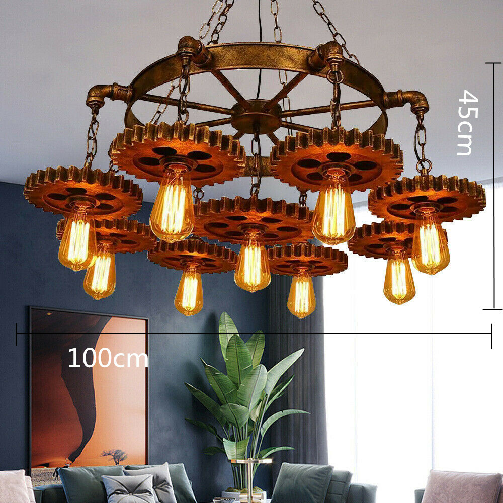 9-Head Rustic Ceiling Light Pendant Lamp Fixture Steampunk Gear Chain Chandelier