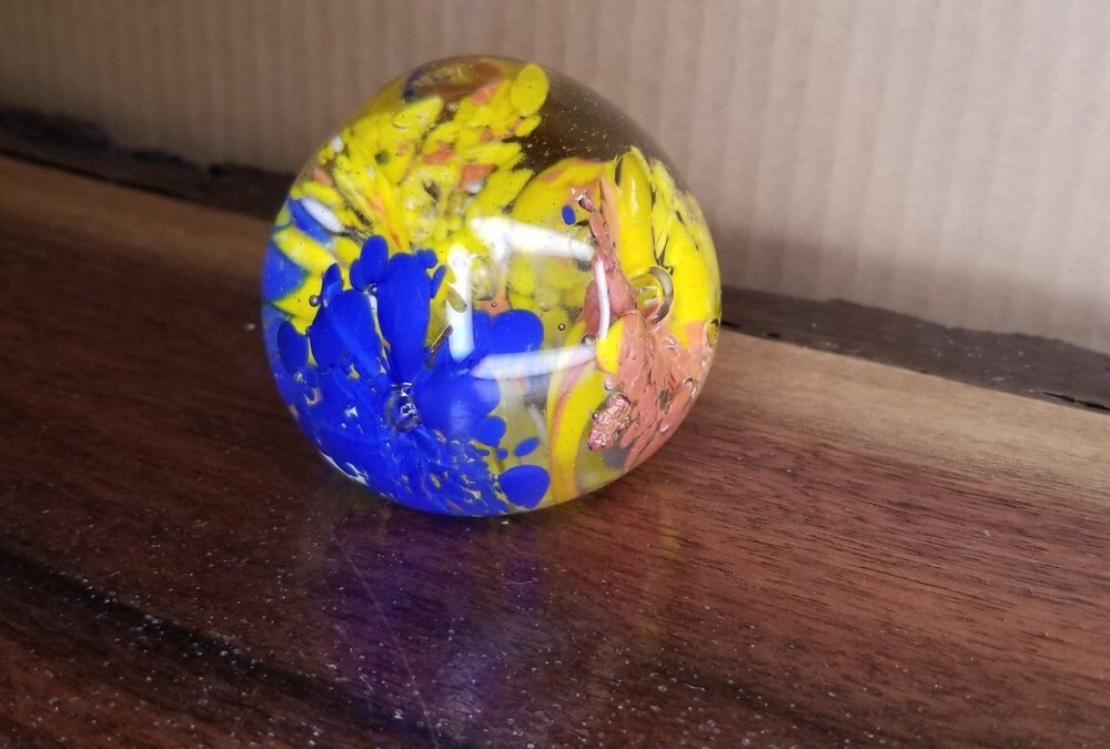 Vintage Multi Colored Clear Art Glass Paperweight With Bubbles Handmade Abstract-image
