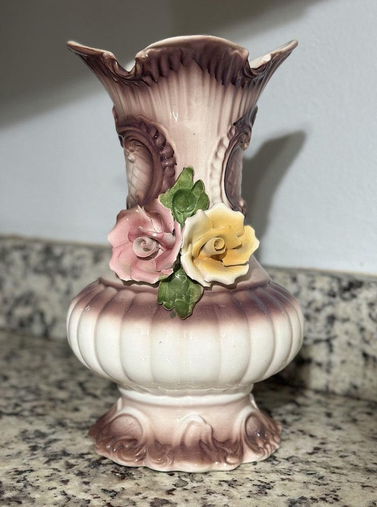 Vintage Capodimonte Flared Floral Vase Roses Made in Italy 11” Tall Handled