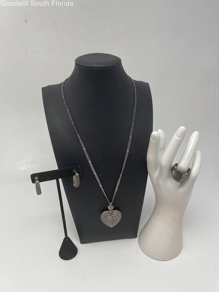 Silver Stamped/Unstamped Chain-Pendant-Earrings-Ring (3 Pcs) Weight 35.2g
