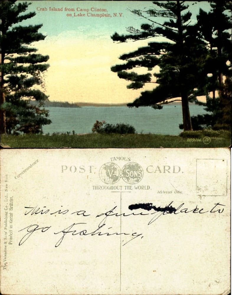 Crab Island Camp Clinton Lake Champlain NY UDB unmailed vintage postcard