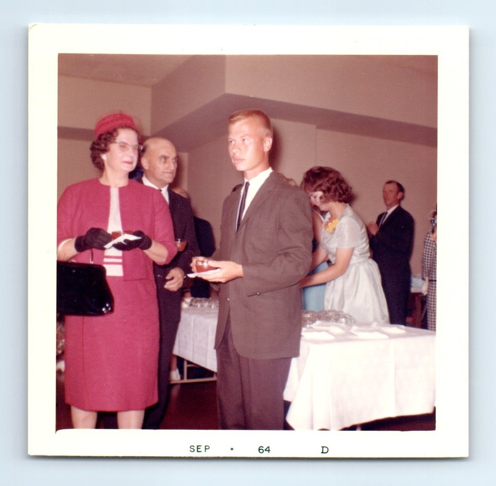 Old Vintage Square Color Photo MEN WOMEN AT WEDDING RECEPTION FOUND PIC