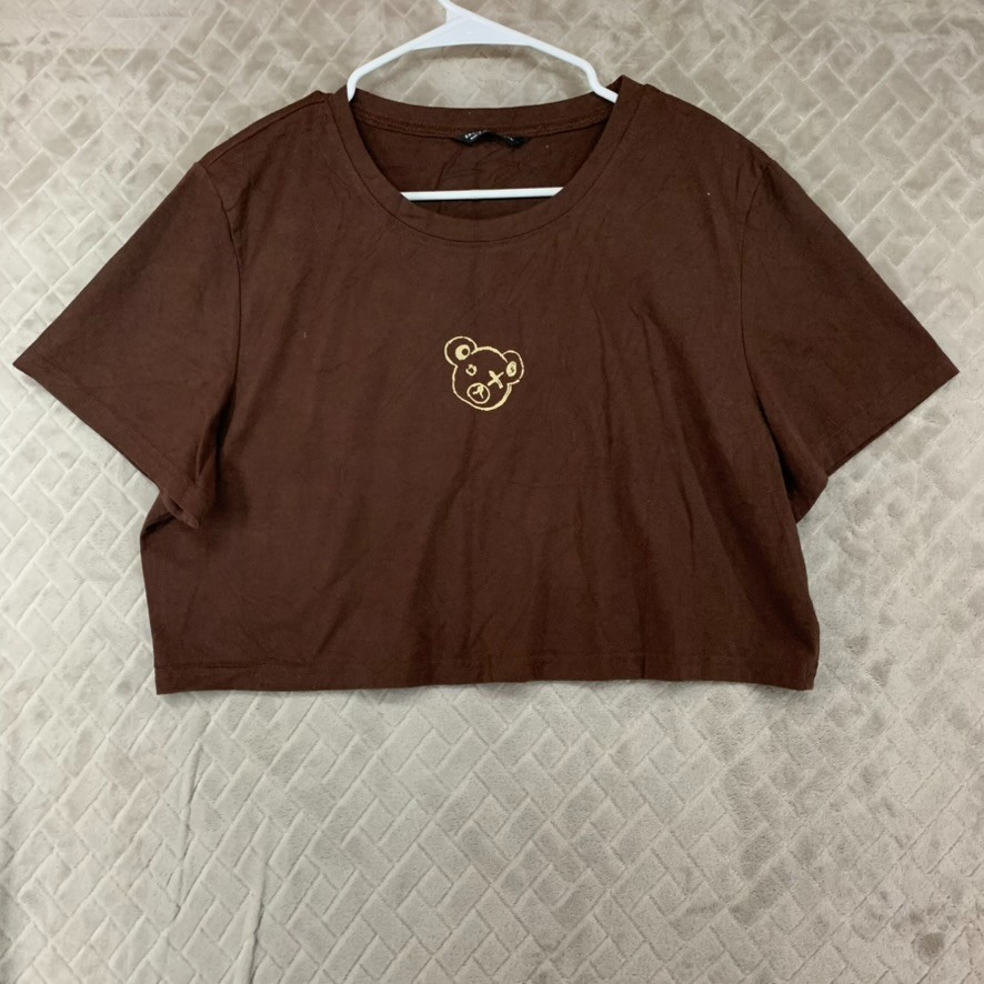 Shein Curve T-Shirt Womens 2xl Brown Teddy Bear Graphic Cropped Short Sleeve