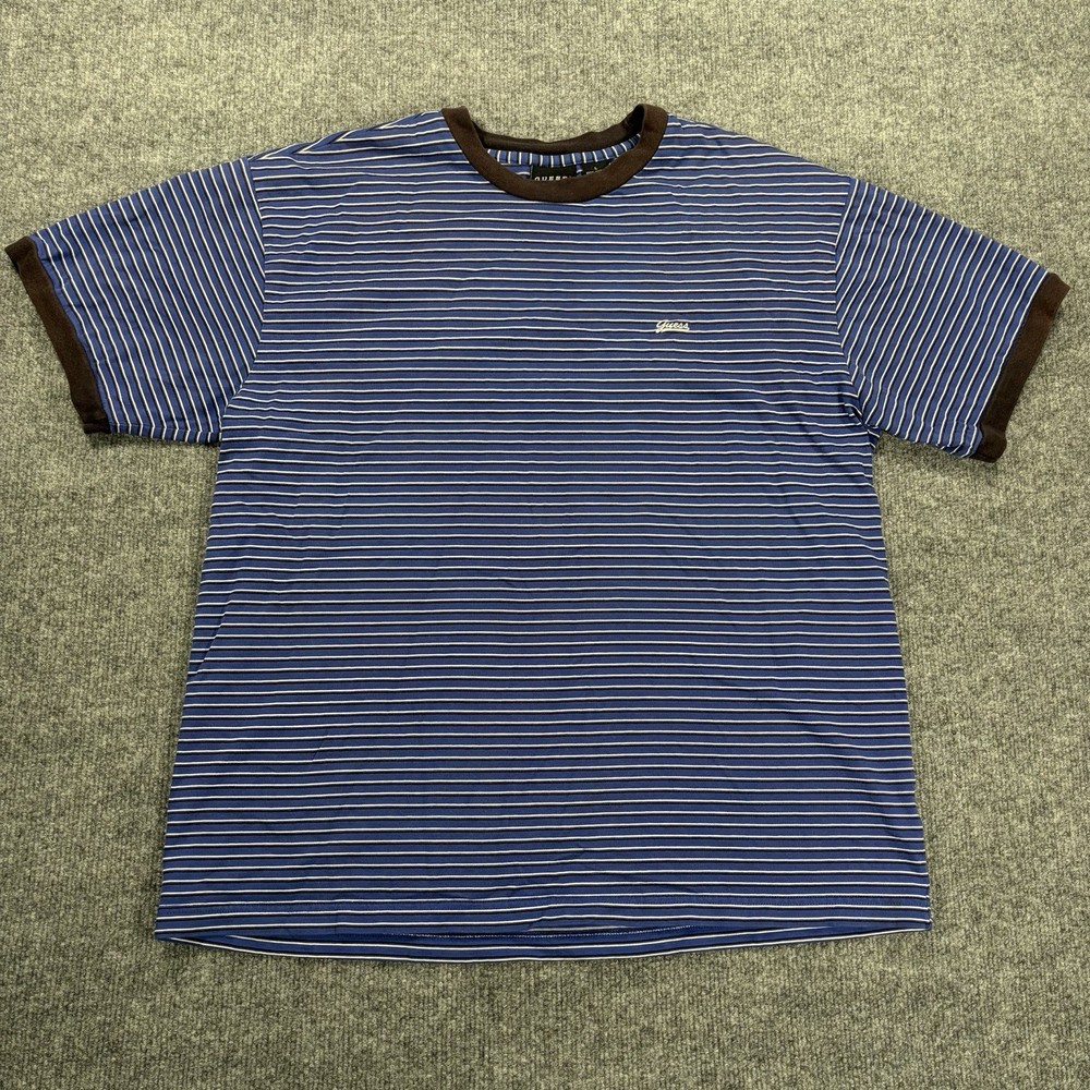 Vintage Guess Jeans Striped Short Sleeve T Shirt Men L 100% Cotton Blue 80s 90s
