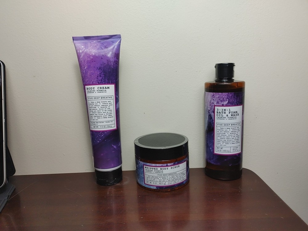 Five Deep Breaths Lavender & Chamomile Body Cream, Bath Foam, Whipped Scrub New