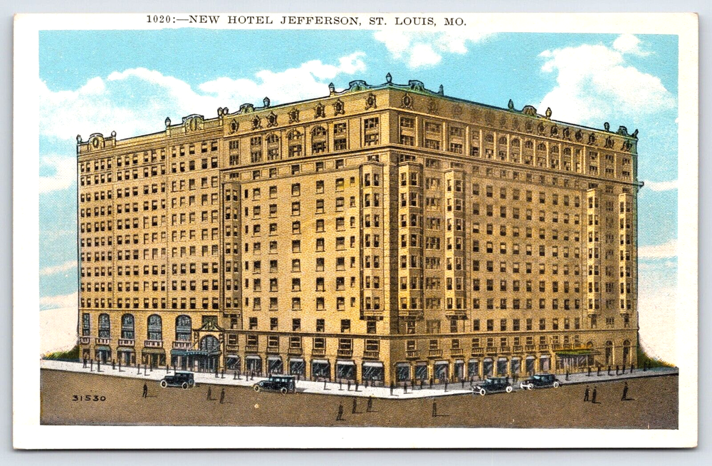 VINTAGE OLD ANTIQUE POSTCARD HOTEL JEFFERSON PEOPLE CARS ST. LOUIS MISSOURI USA