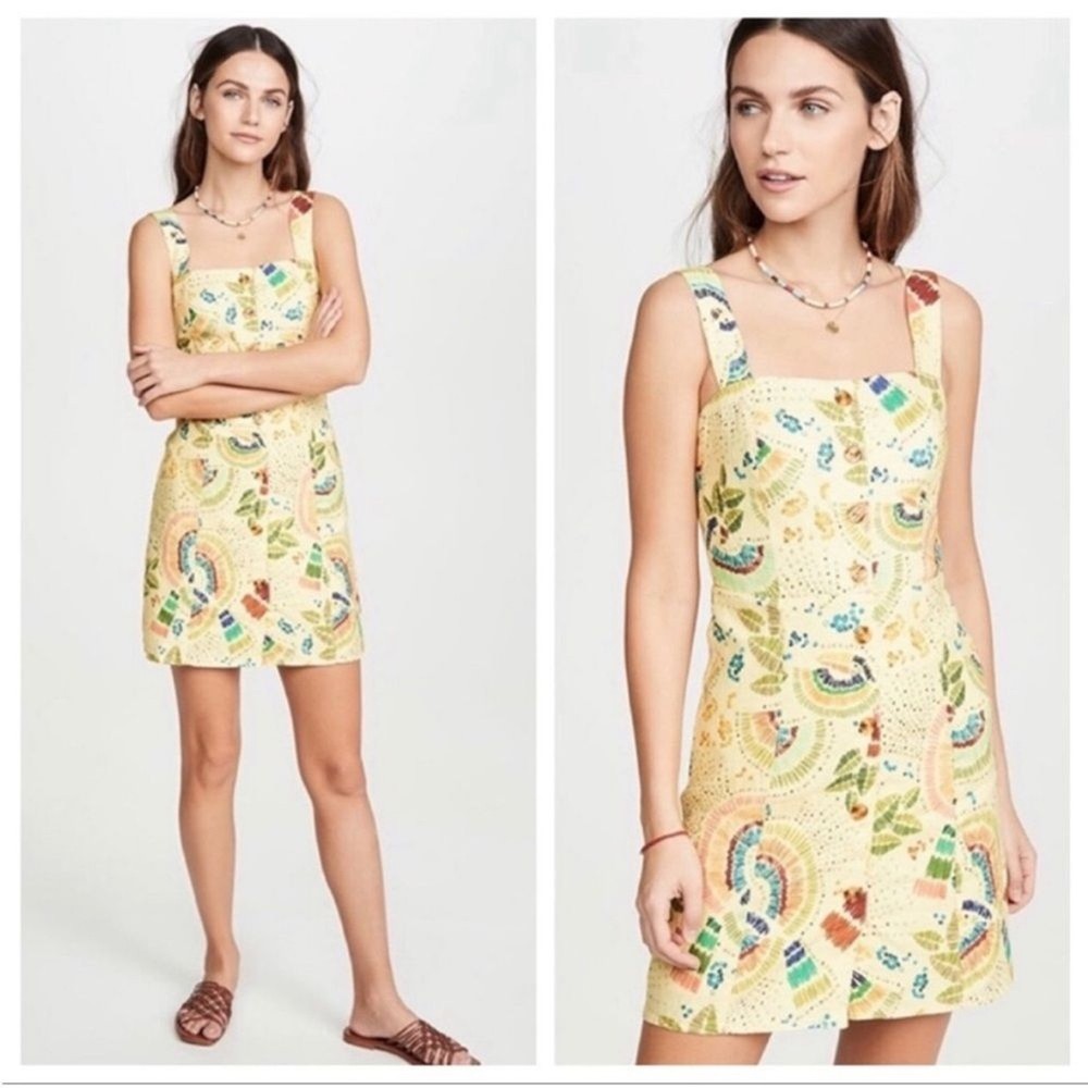 Farm Rio Colorful Birds linen mini Dress Butter Yellow ResortWear Allover print