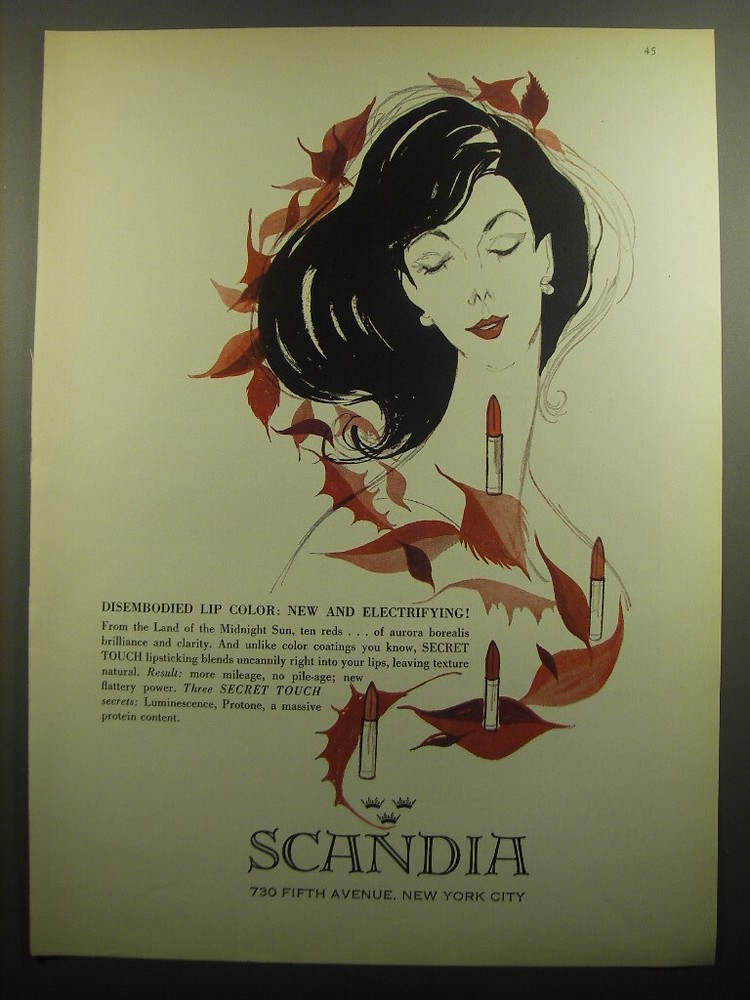 1960 Scandia Lipstick Ad - Disembodied lip color: New and Electrifying