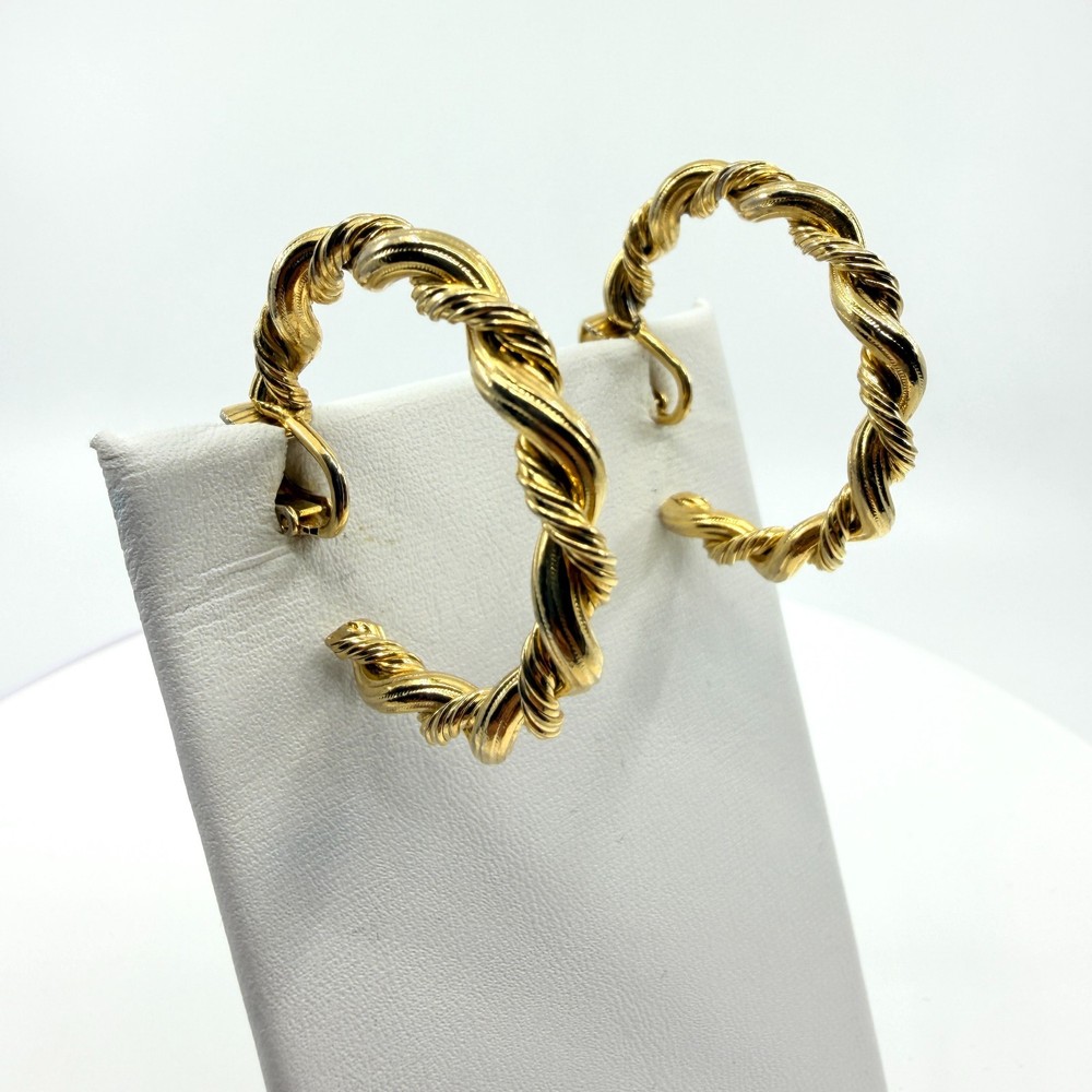 Vintage 1980s Gold Tone Twisted Rope Hoop Clip On Earrings Chunky Statement
