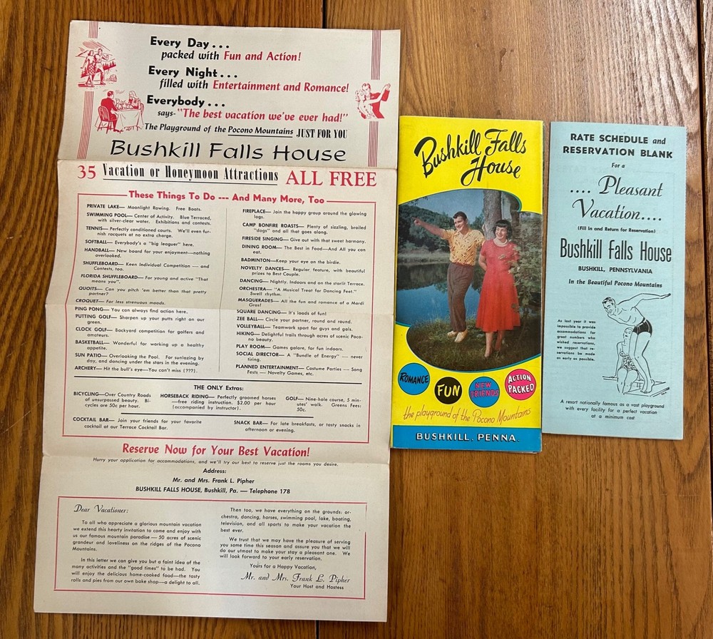 Vintage 1950’s Brochure Bushkill Falls House Pocono Mountains PA