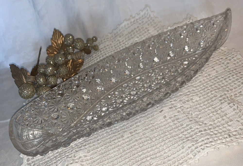 Daisy Button Boat Glass Canoe Celery Dish 14” Long Relish Trinket Dish Clear Vtg