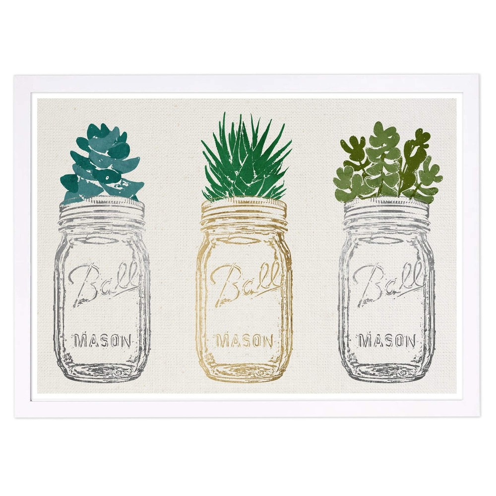 Mason Jars and Succulents Floral Botanical Wall Art Prints for Home Décor