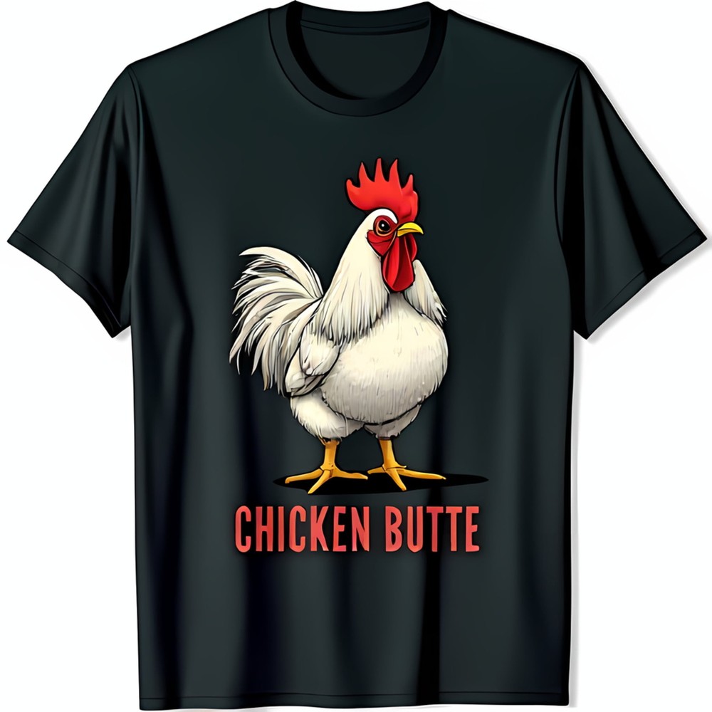 Stylish Black T-Shirt with Cartoon Rooster Graphic and Chicken Butte Text