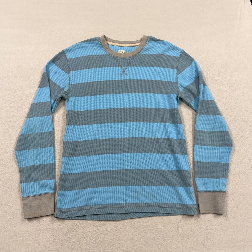 OP Shirt Mens Medium Blue Gray Striped Thermal Waffle Long Sleeve Crewneck