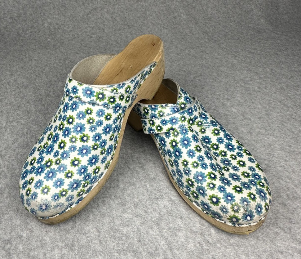 Cape Clogs Floral Womens Wood Clog EU Size 40 US 9-9.5 Made in Sweden Handmade