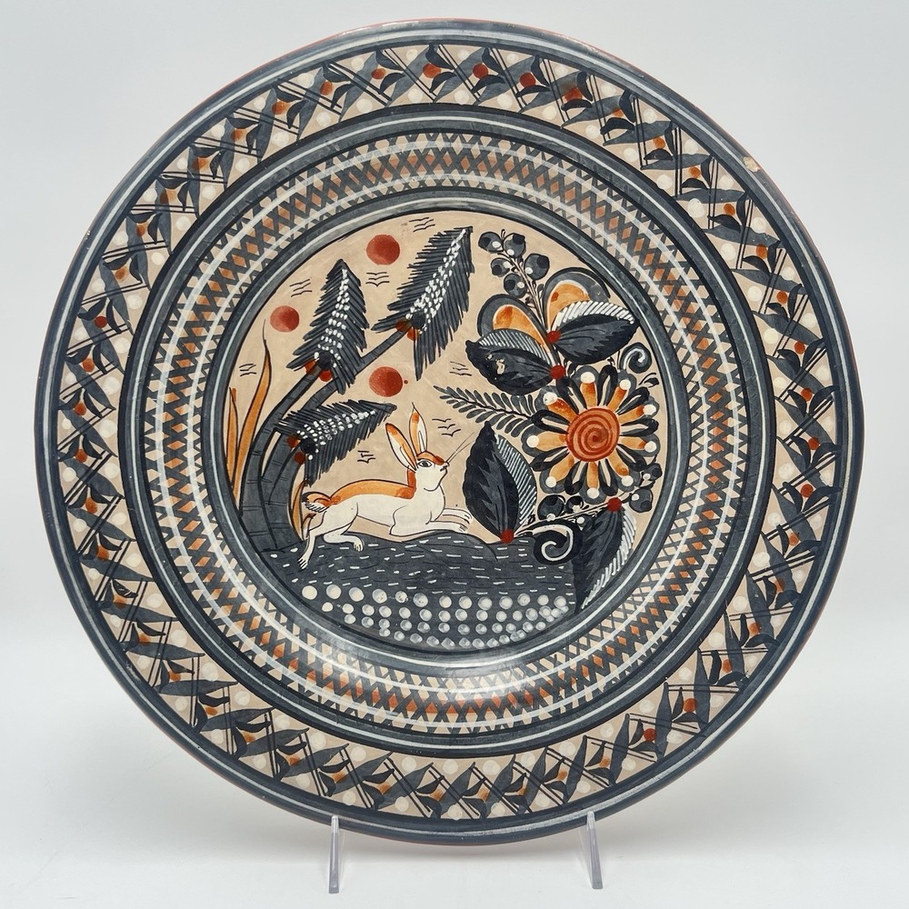 Vintage Large Tonala Mexican Folk Art Pottery Wall Hanging Plate Rabbit 15.75”D
