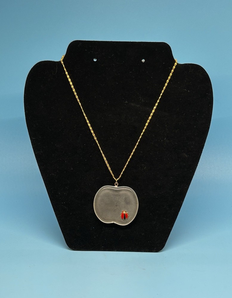 Vintage Necklace Clear Apple With Enamel Lady Bug Gold Tone Chain Teachers Gift