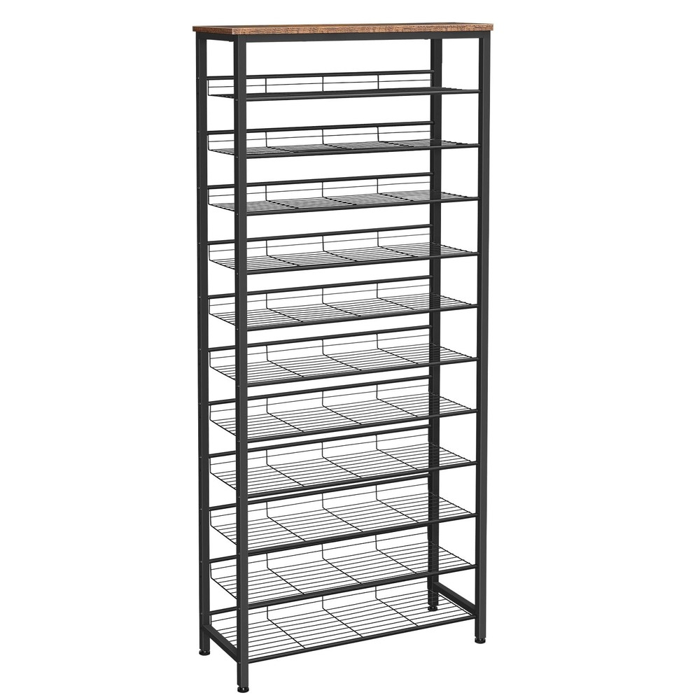 12-Tier Shoe Rack Storage for 35-45 Pairs, Rustic Brown-Black, Entryway Organ...