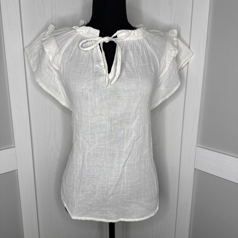 NWT Chelsea & Theodore White Ruffle Flutter Sleeve Peasant Top Size Small Cotton