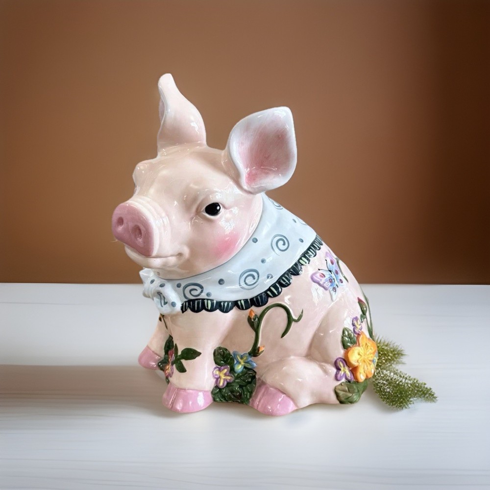 Vintage Collectible Pig Ceramic Cookie Jar Floral Farmhouse Decor 11