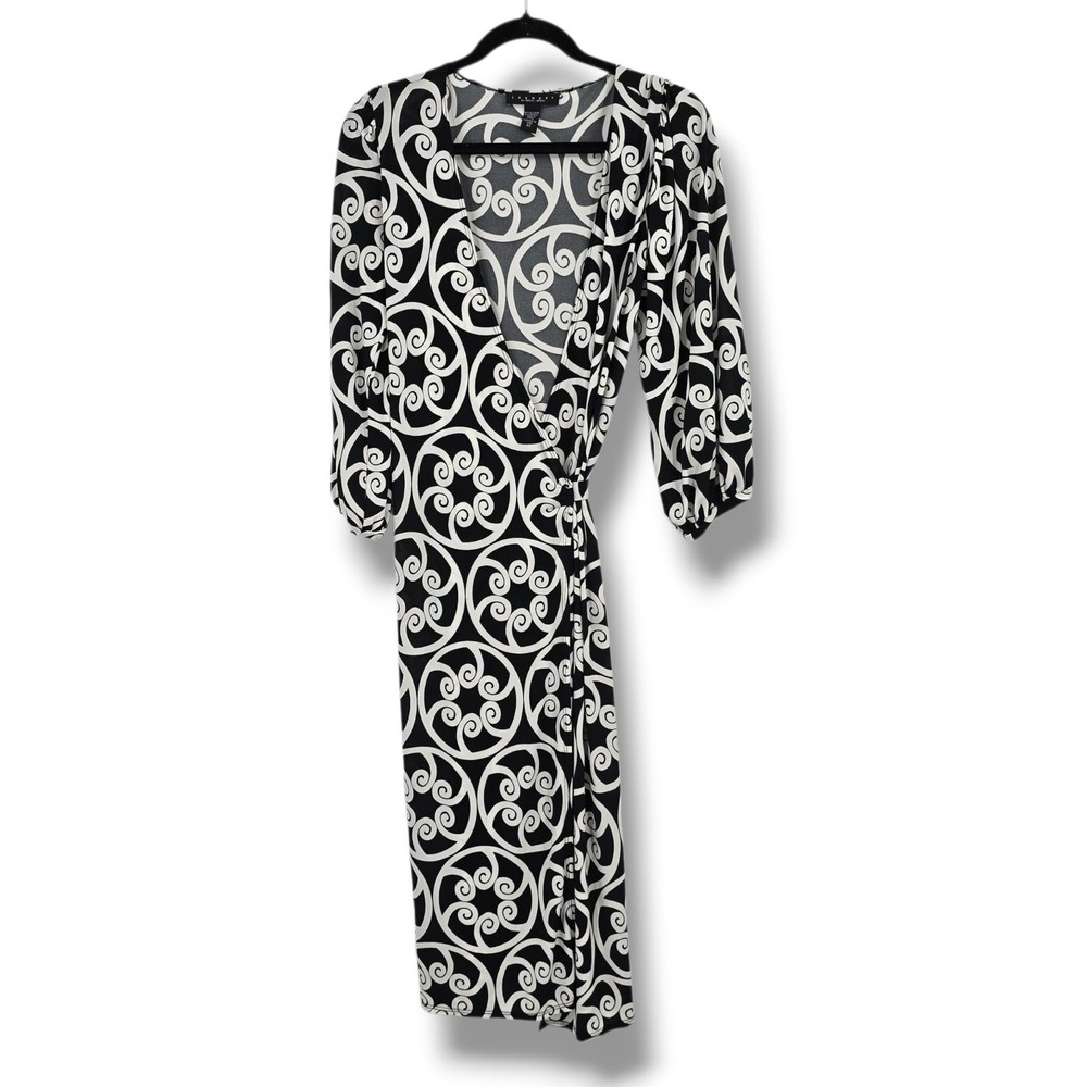 Laundry by Shelli Segal Womens XS Black White Swirl Print 3/4 Sleeve Wrap Dress