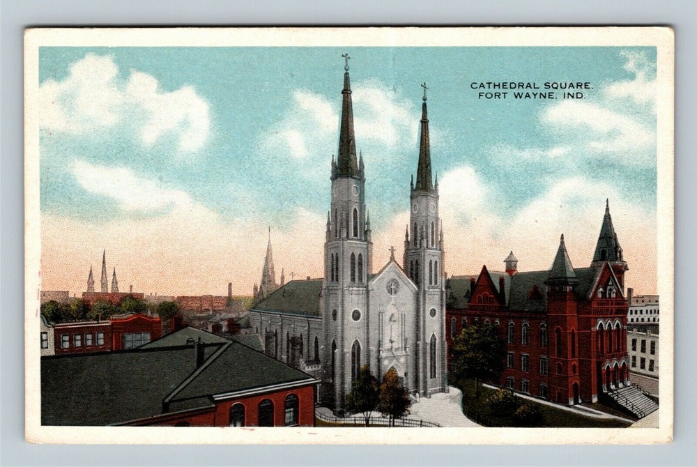 Fort Wayne IN-Indiana, Bird's Eye View Cathedral Square, Church Vintage Postcard