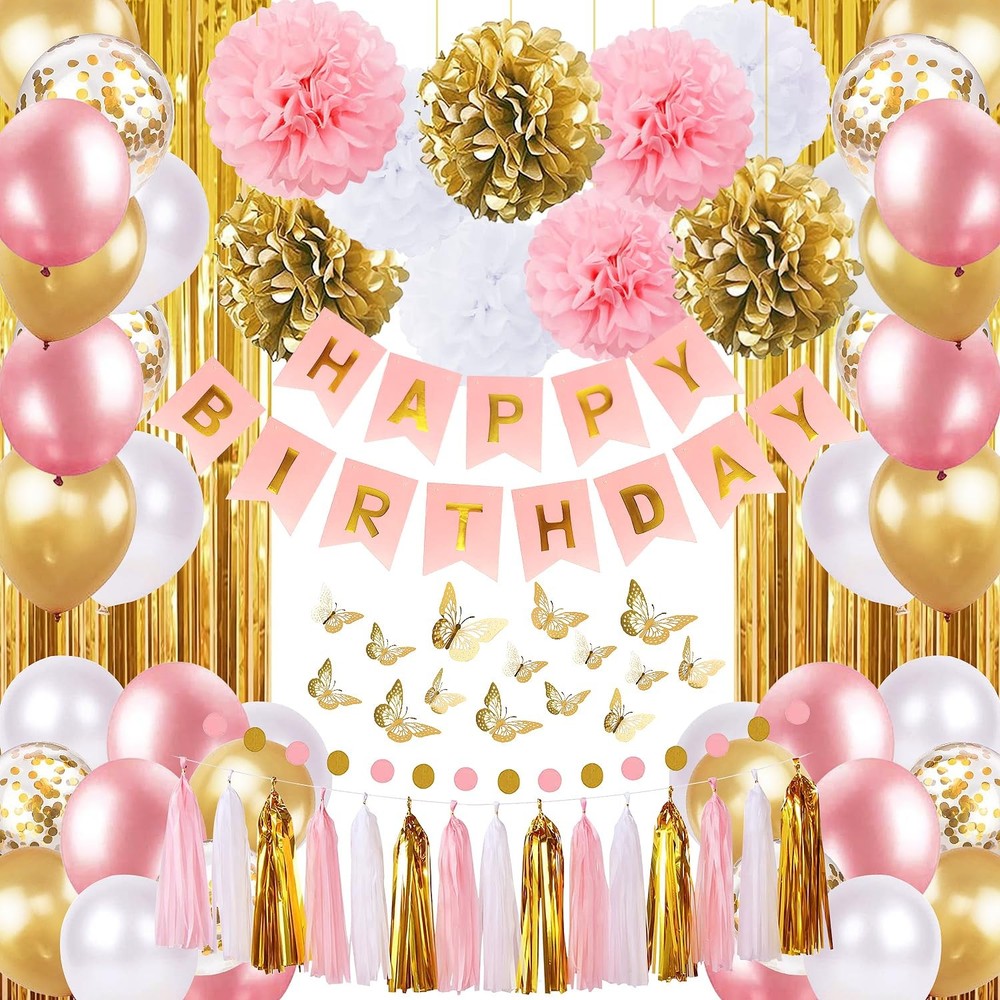 Pink and Gold Birthday Party Decorations for Women with Happy Birthday Banner...
