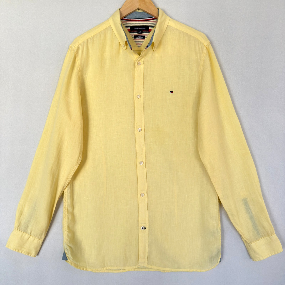 Tommy Hilfiger Linen Shirt Mens L Yellow Slim Fit Long Sleeve Button Down Casual