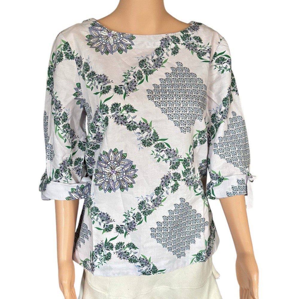 Charter Club Linen Luxury Size M White Floral Multicolor 3/4 Sleeve Pullover Top