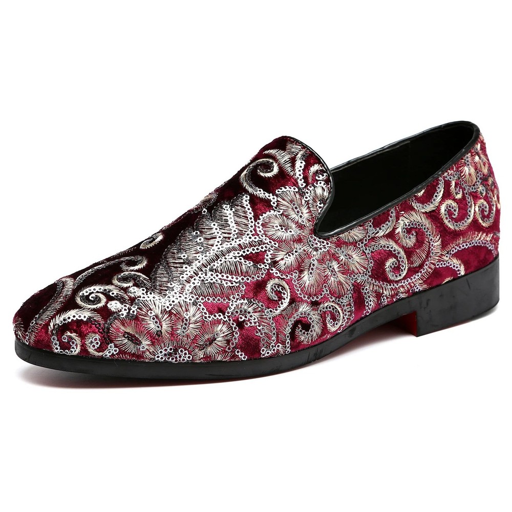 Santimon Men's US 12 Red Velvet Silver Stitching Smoking Loafers Dress Shoes