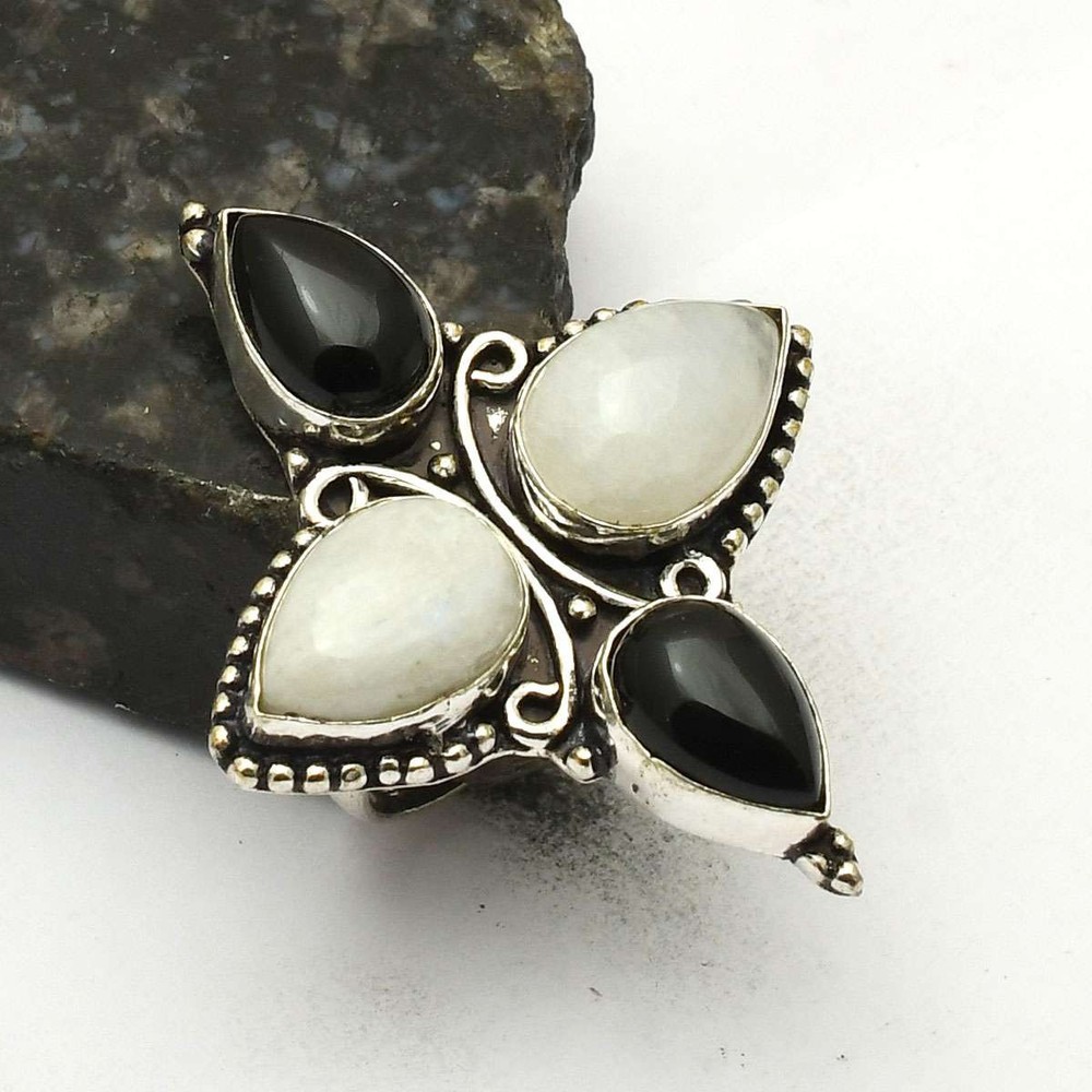 Rainbow Moonstone Black Onyx Gemstone Ethnic Ring Jewelry US Size-7.25 AR 75426