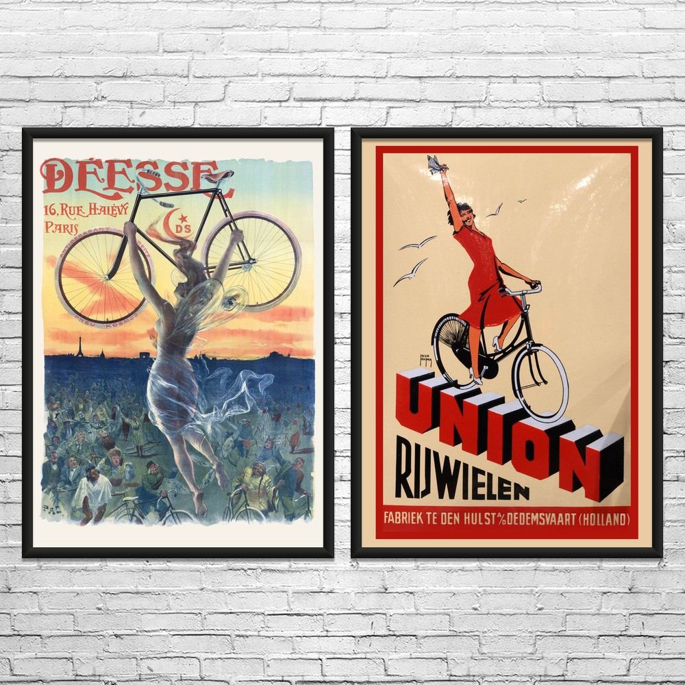 Bicycle Vintage Ad Wall Art Set of 2 Poster, Canvas or Framed Bike Art Gym Decor