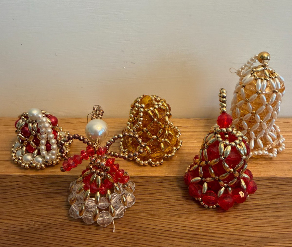 VIntage 1970s Handmade Beaded Bells & Angel Set of 5
