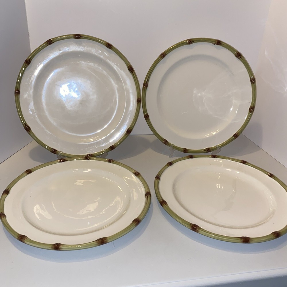 Williams Sonoma 4-Piece Ceramic Dinner Plates in Bamboo Design with Green and Brown Hues