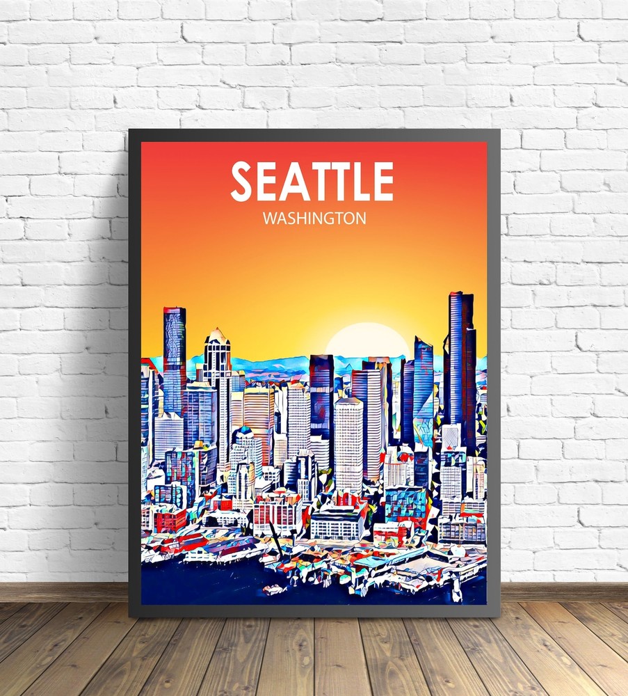 Seattle Wa Art Poster Washington Sunset Landscape Poster Print Seattle City