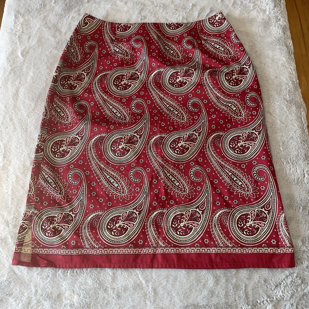 Vintage Liz Claiborne Lizsport Red Tan Paisley Skirt 100% Cotton Side Zip Size 4