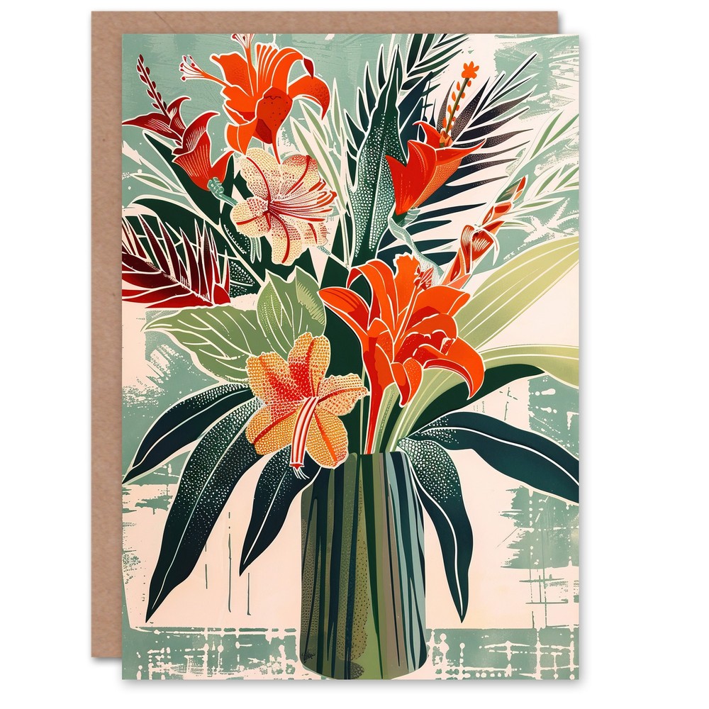 Greeting Card Exotic Red Orange Lily Flower Vase Floral Spring Blank Birthday