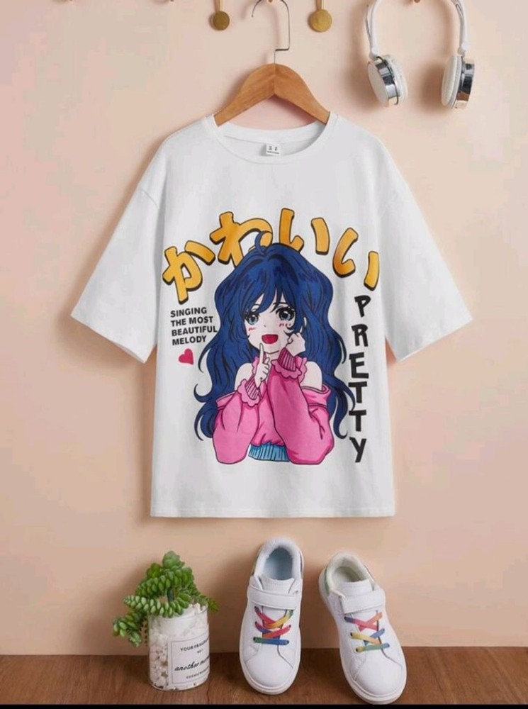 Girls SHEIN White Pink Blue Anime Graphic Short Sleeve Tee Size 12