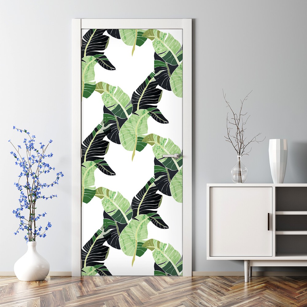 Bubble Free Self Adhesive Palm Leaves Door Sticker for Exotic Home Decor