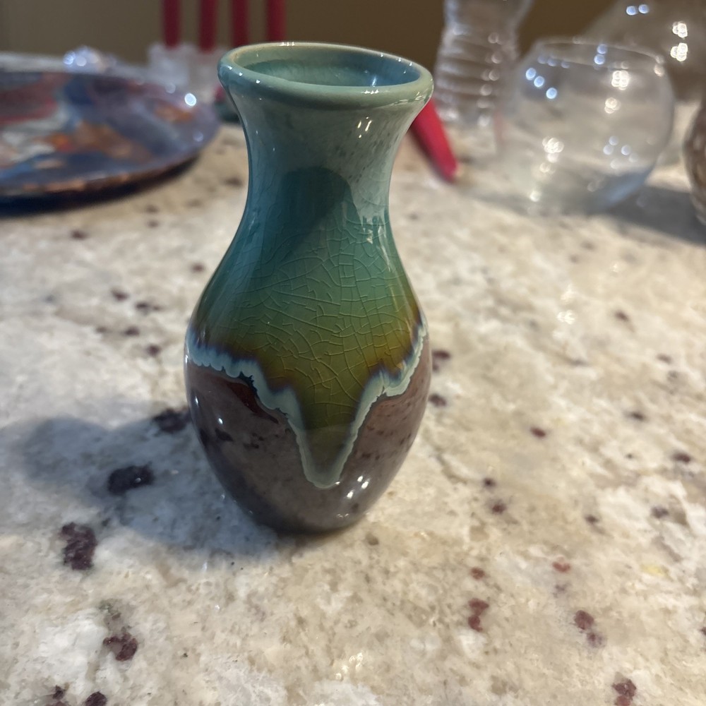 Vintage Pottery Vase, Teal/Brown/Green 5.25