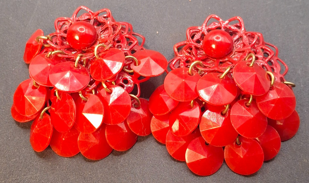 Vintage Red Lucite and Metal Cluster Dangle Clip On Earrings 1960s