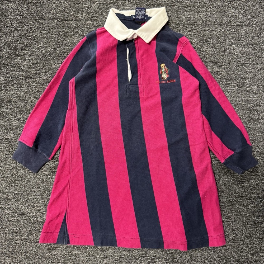 Vintage Ralph Lauren Striped Polo Bear Rugby T-Shirt Dress Youth Girls Sz 3T