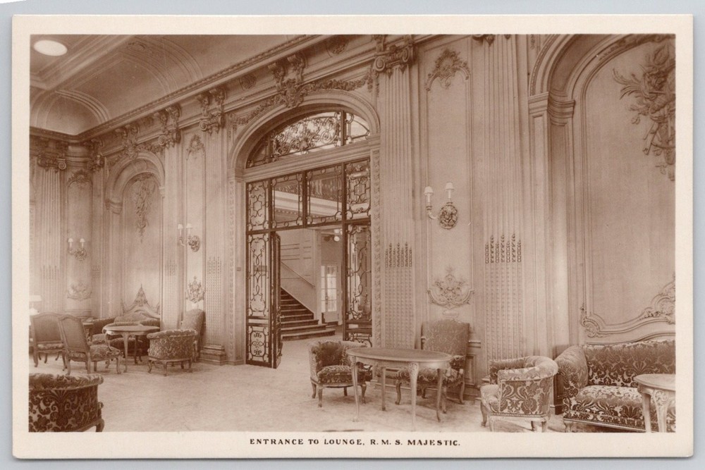 RMS Majestic Ocean Liner Lounge RPPC Postcard 1924 White Star Line Ship