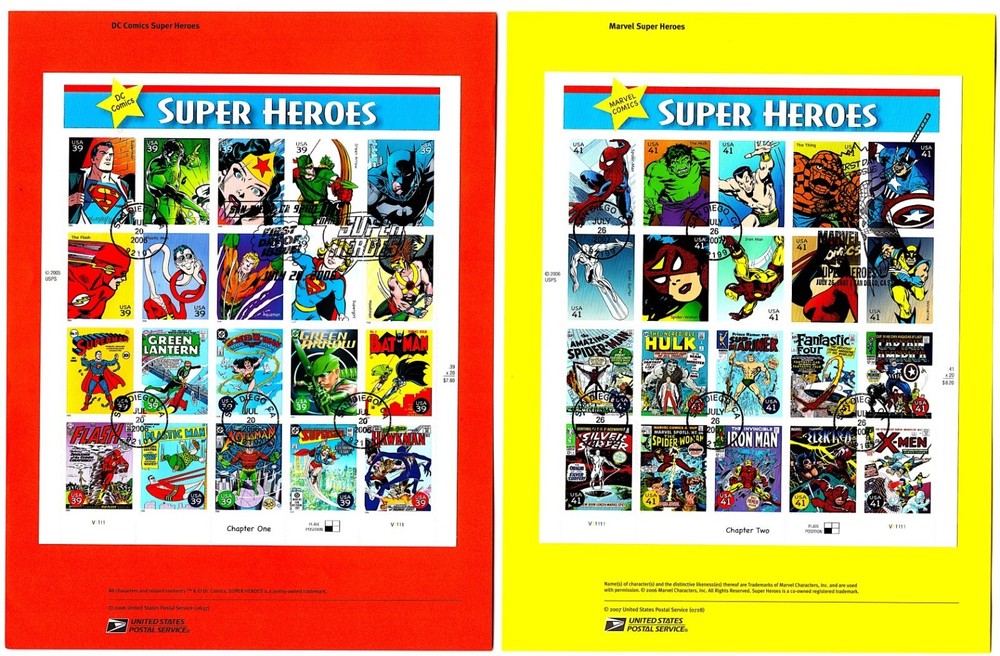 2 First Day Souvenir Cancellation Pages FDC Super Heroes 4084 4159 2006 2007